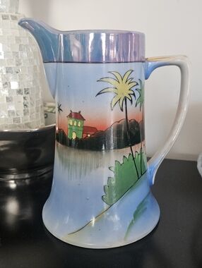 1920 Japan Tea Set Ceramic Pitcher - Tropical, Blue - NO LID
